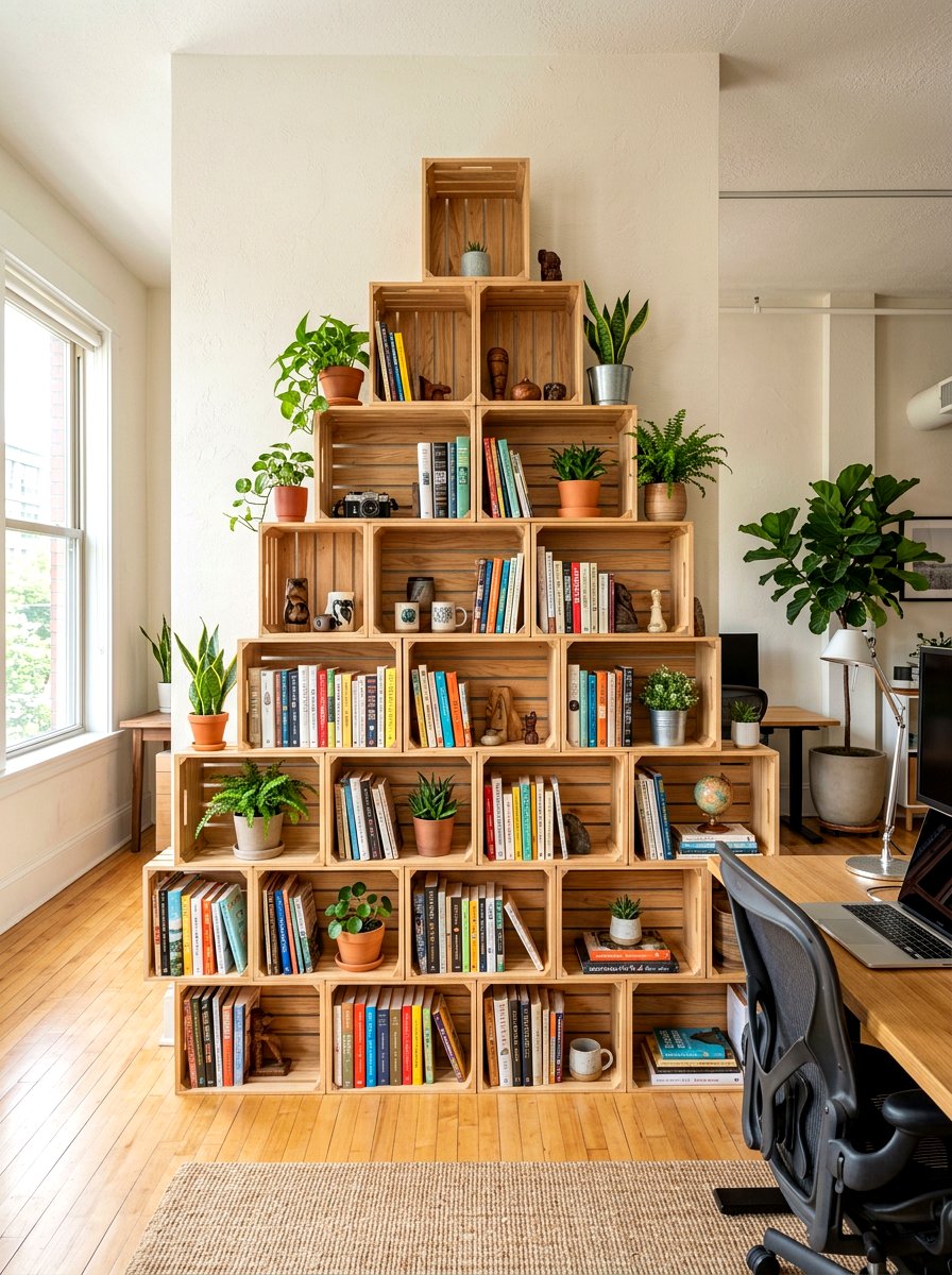 Modular crate shelves - 30 renter friendly home office ideas