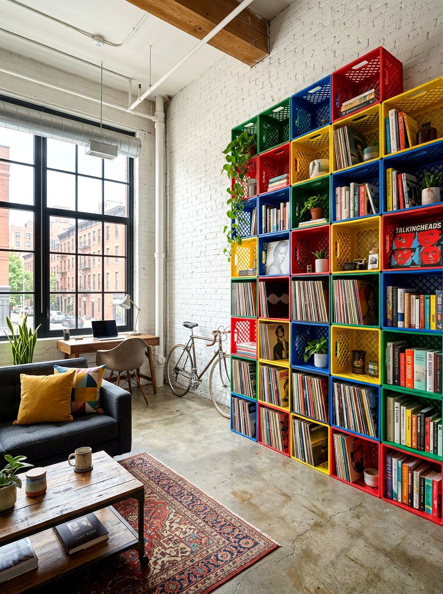 Modular milk crate wall - 30 no drill shelving ideas