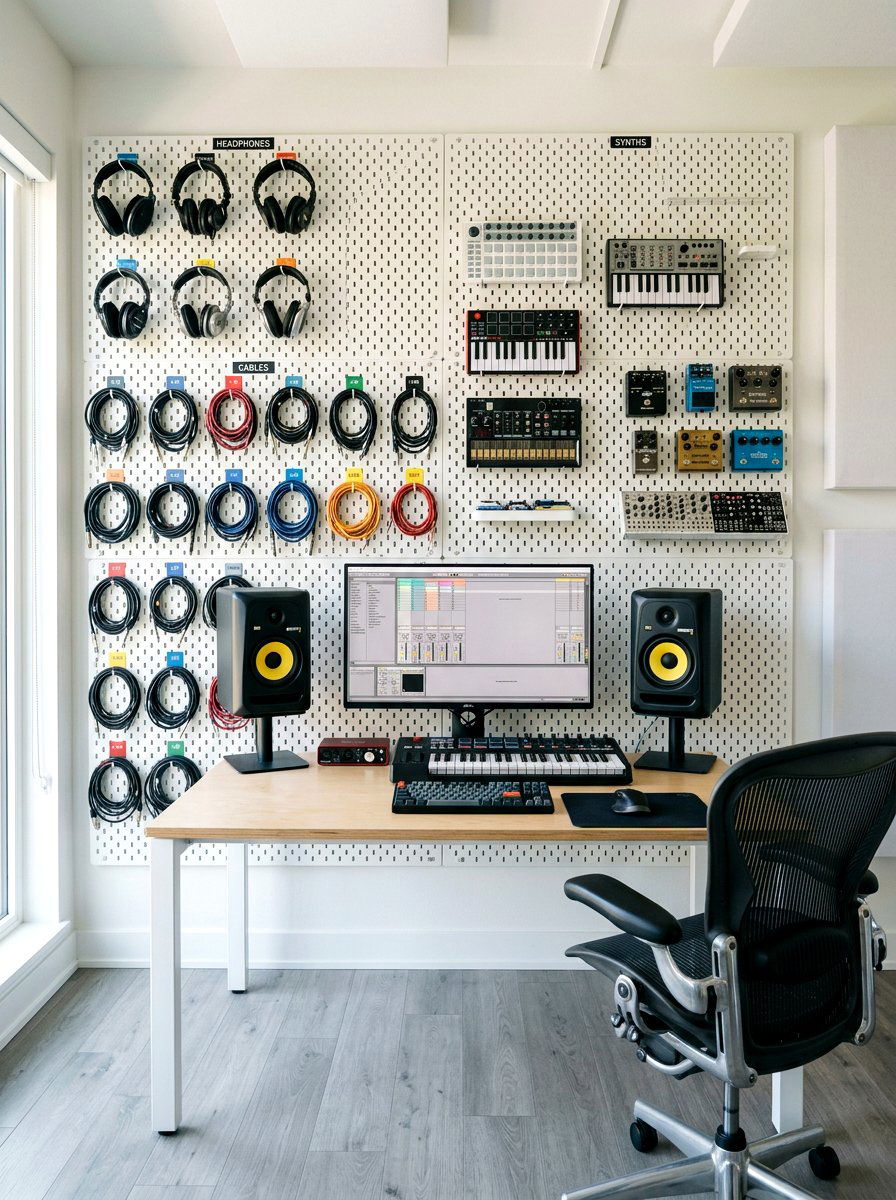 Modular pegboard studio wall - 30 recording room ideas