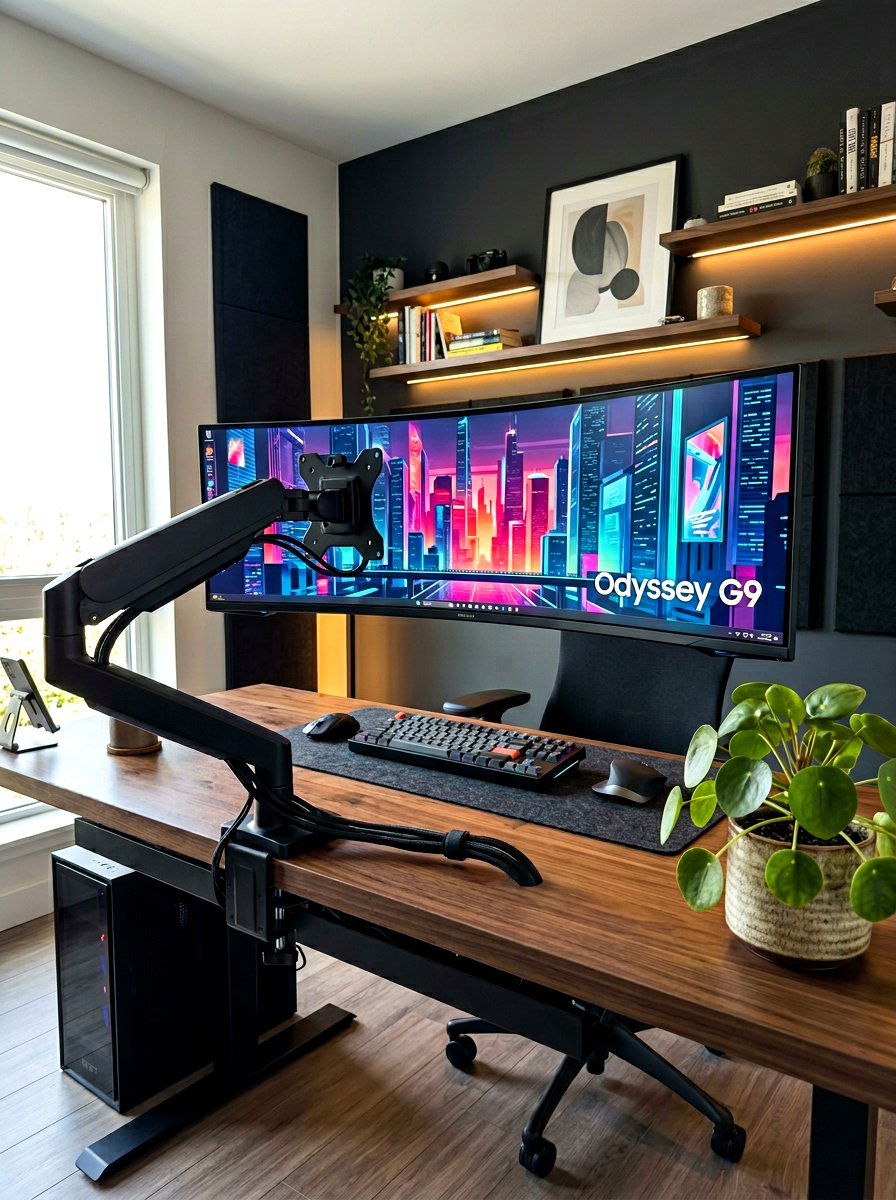 Monitor Arm Cable Routing - 30 office cable management ideas