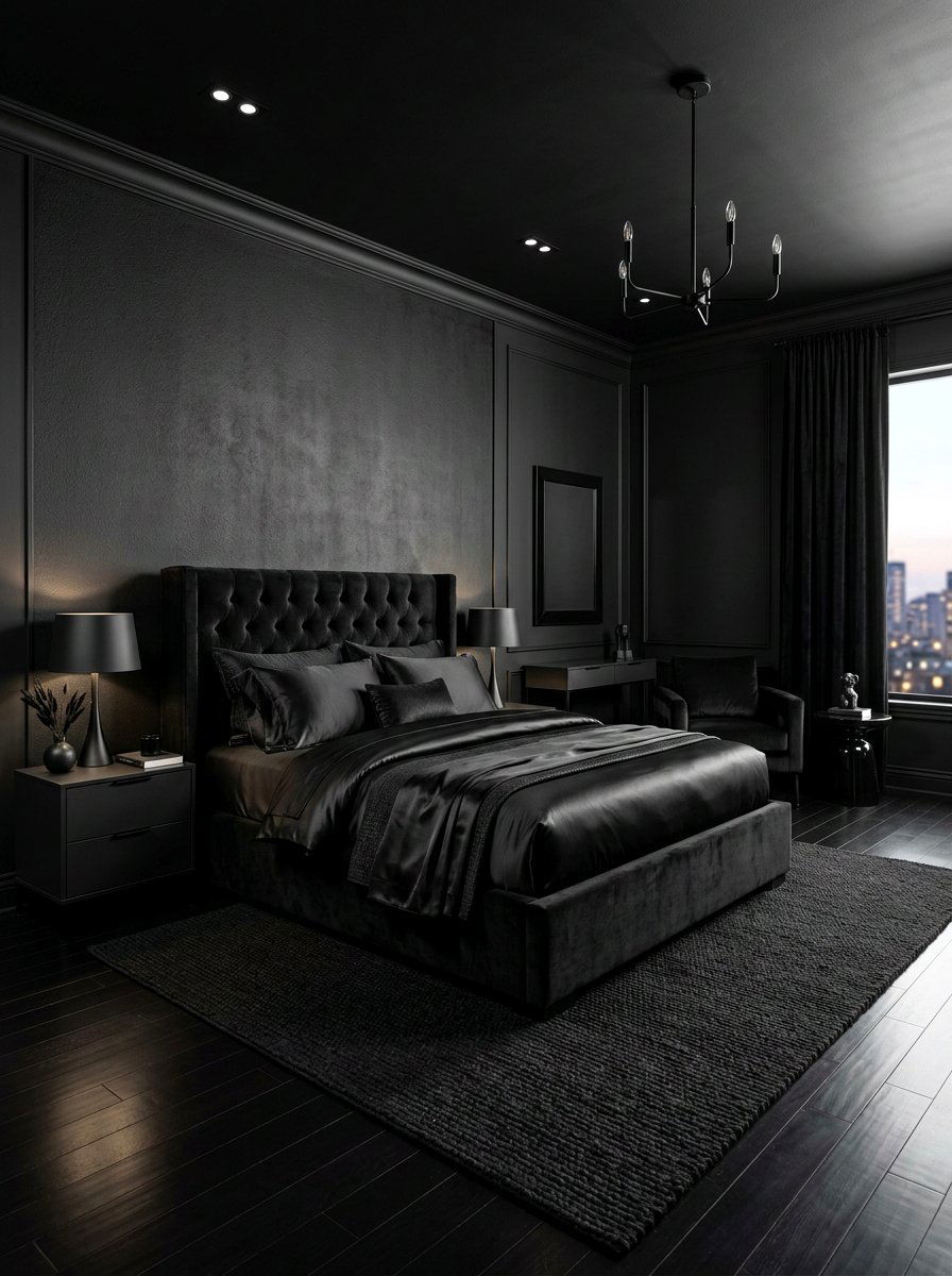 Monochromatic Black Bedroom - 30 moody hotel bedroom ideas