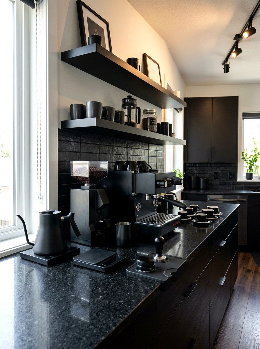 Monochromatic Black Coffee Station - 30 aesthetic home cafe setup ideas
