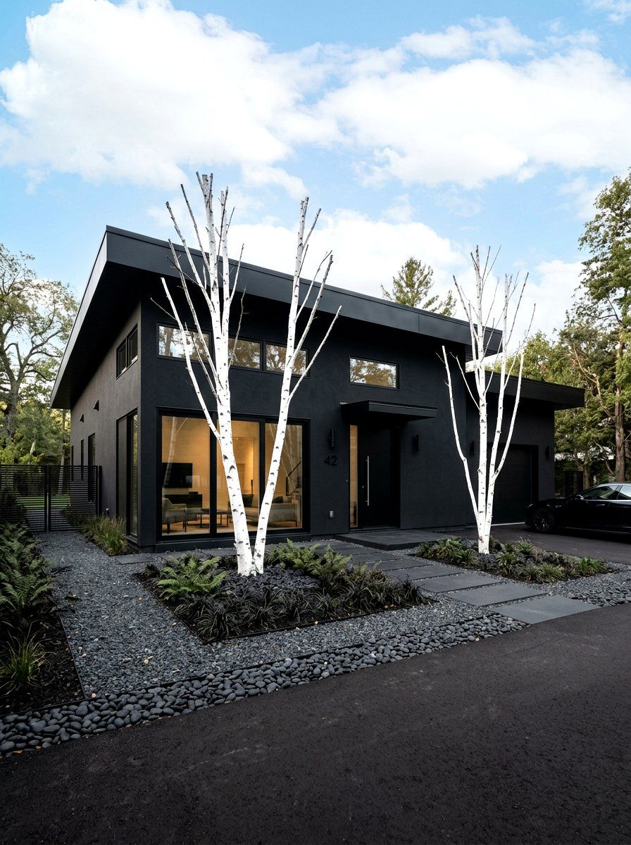 Monochromatic Black Stucco House - 30 stucco house exterior ideas