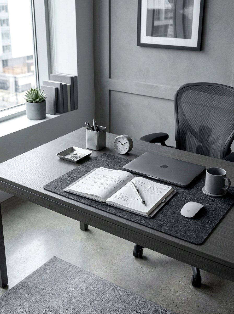 Monochromatic Gray Office - 30 paper planner desk ideas