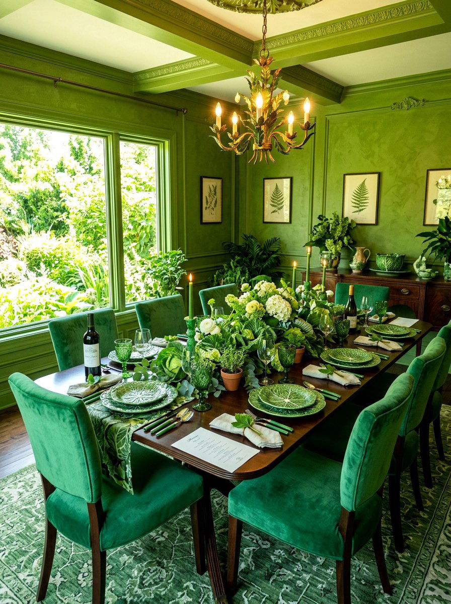 Monochromatic Green Dining Room - 30 cabbageware dining ideas