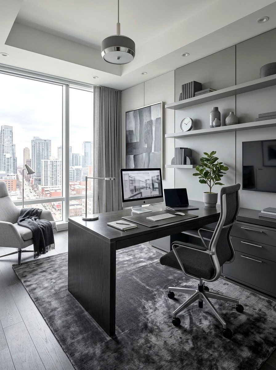 Monochromatic Grey Luxury Workspace - 30 luxury home office ideas