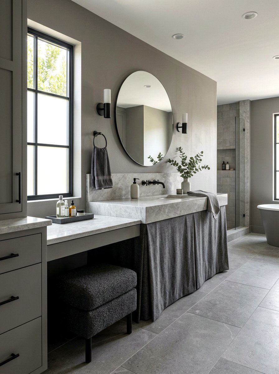 Monochromatic Grey Skirted Vanity - 30 skirted powder room sink ideas