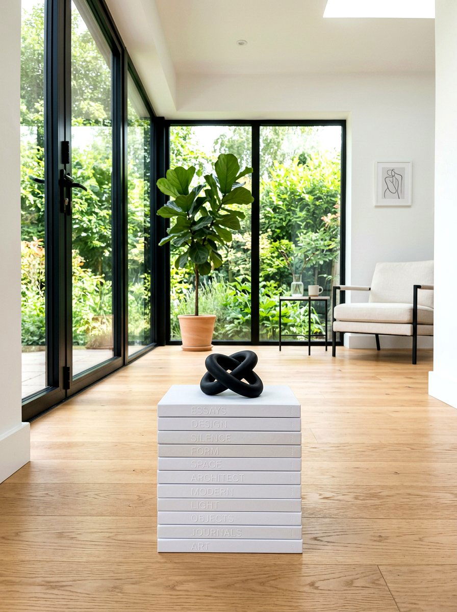 Monochromatic Minimalist Book Stack - 30 stacked book table ideas