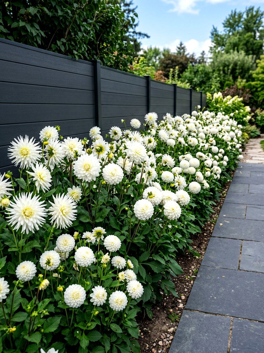 Monochromatic White Dahlia Border - 30 dahlia garden ideas