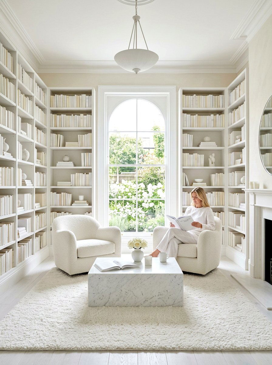 Monochromatic White Library Salon - 30 reading salon living room ideas