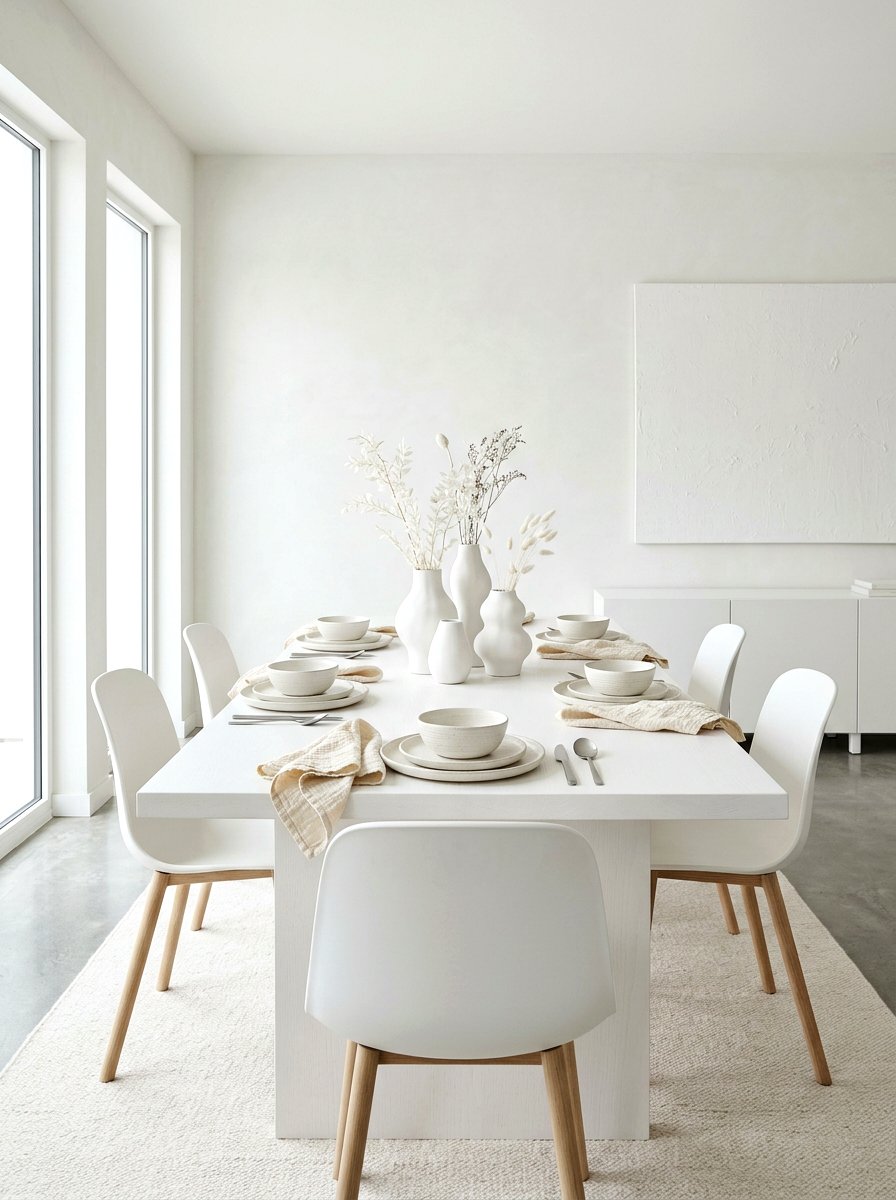 Monochromatic White Minimalist Table - 30 layered tablescape dining ideas