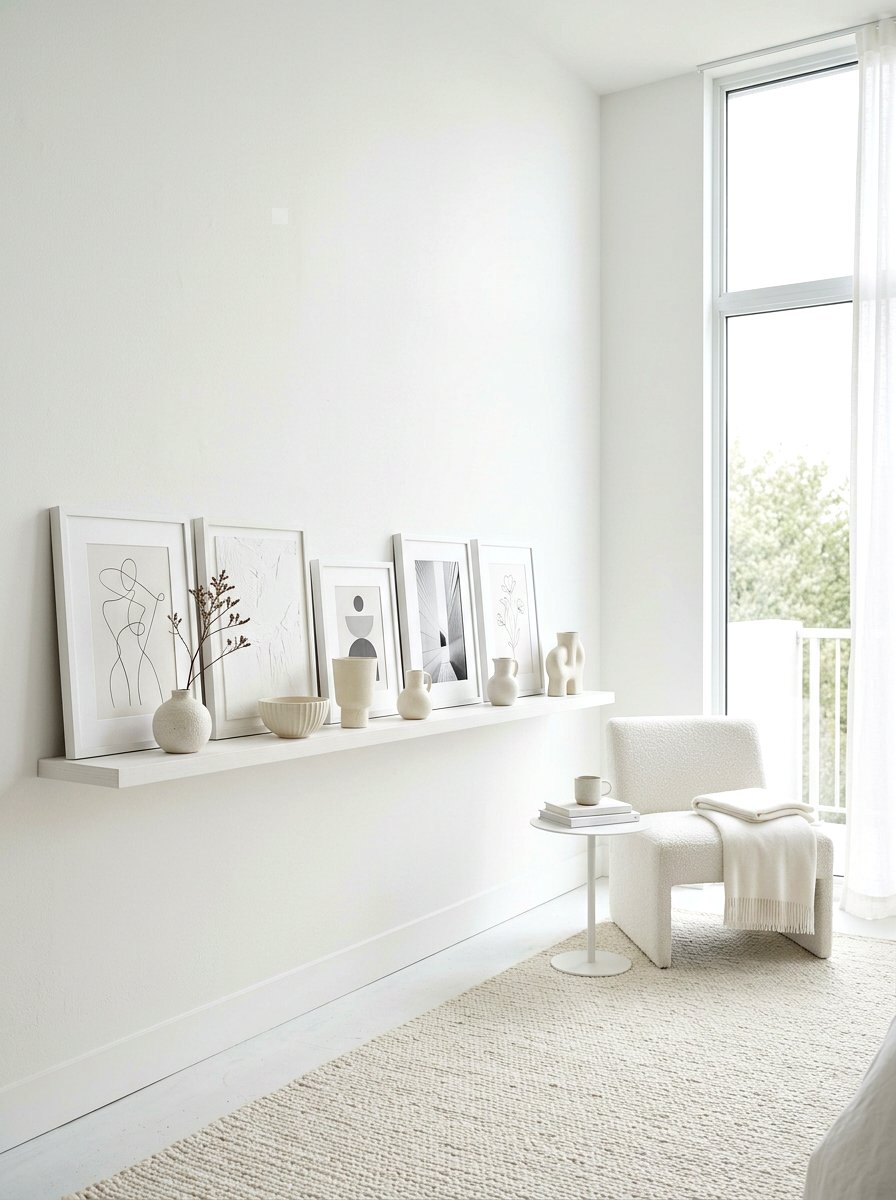 Monochromatic White Picture Ledge - 30 picture ledge renter ideas