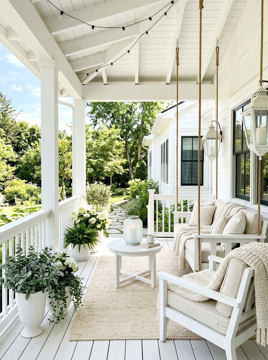 Monochromatic White Porch - 30 winter front porch ideas