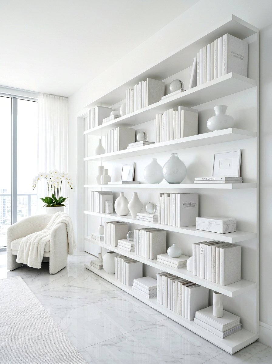 Monochromatic White Shelf - 30 aesthetic bookshelf styling apartment ideas