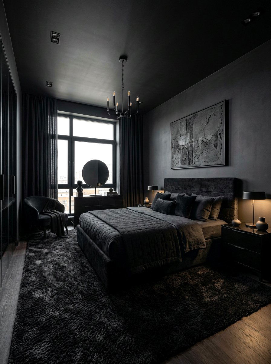 Monochromatic black bedroom layout - 30 black bedroom ideas