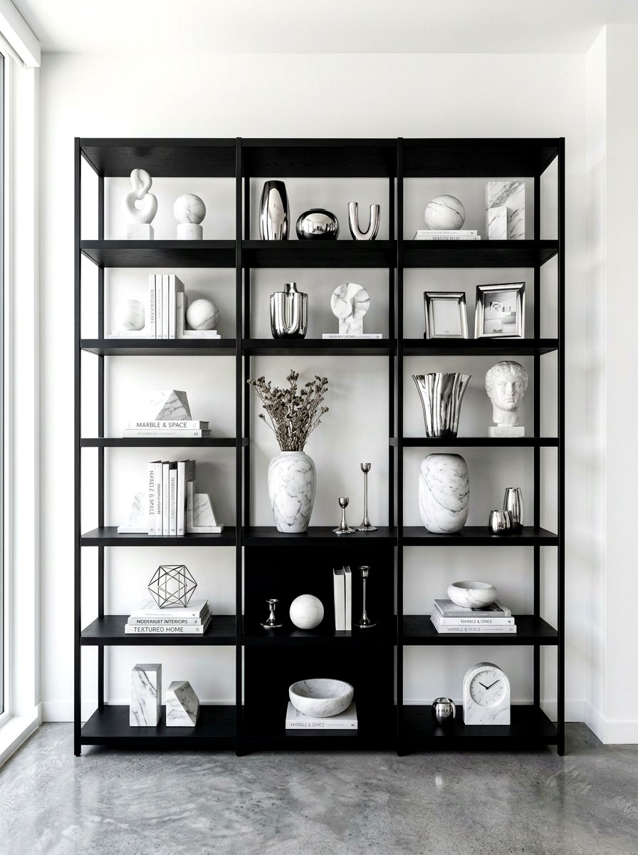 Monochromatic black bookshelf - 30 bookshelf styling living room ideas