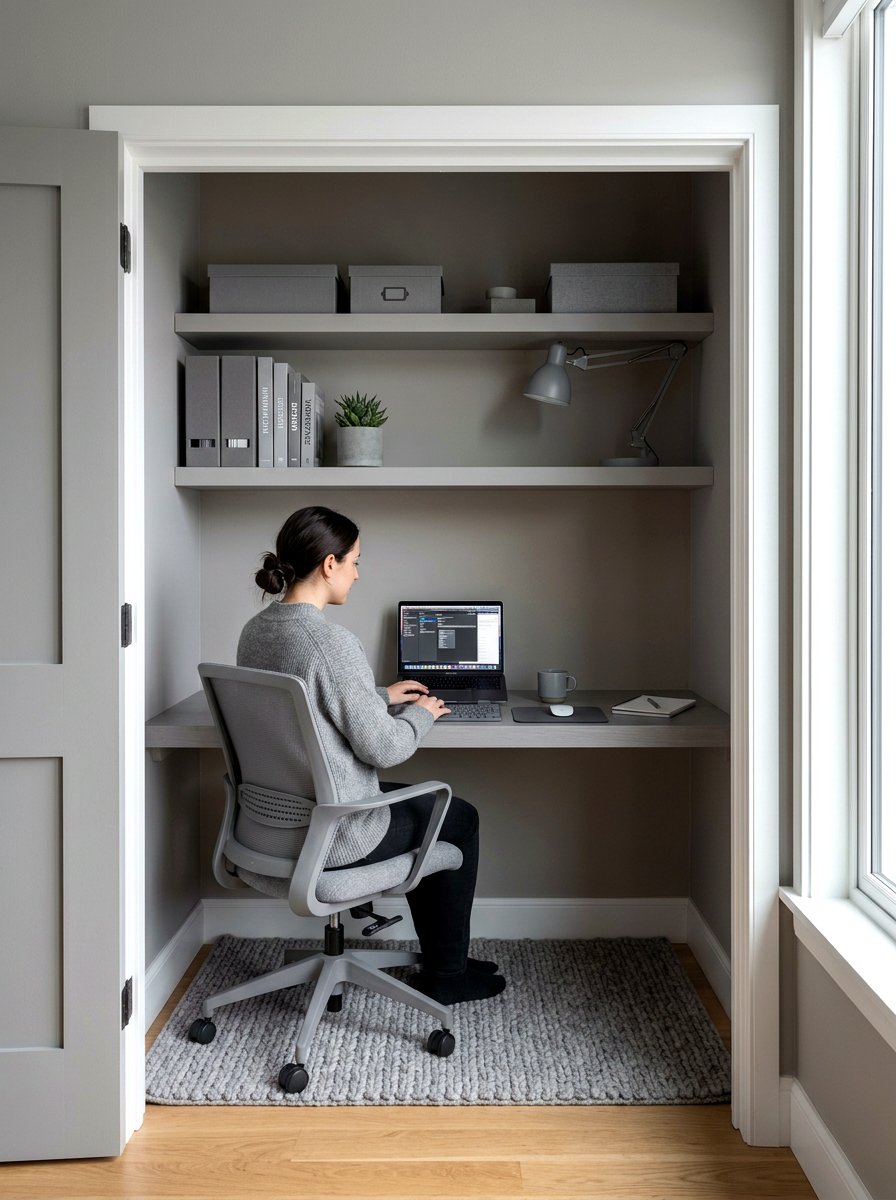 Monochromatic closet workspace - 30 desk in closet ideas aesthetic