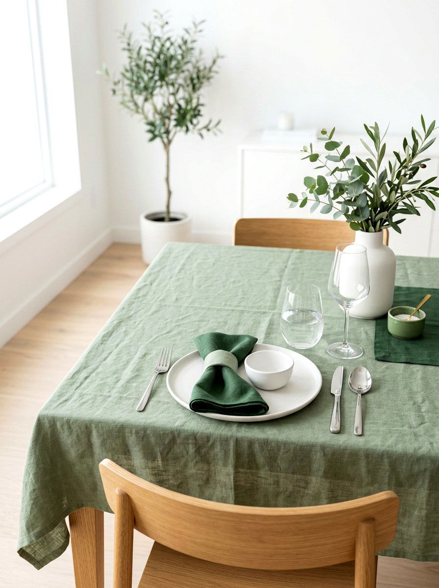 Monochromatic green linen table setting - 30 garden salad tablescape ideas