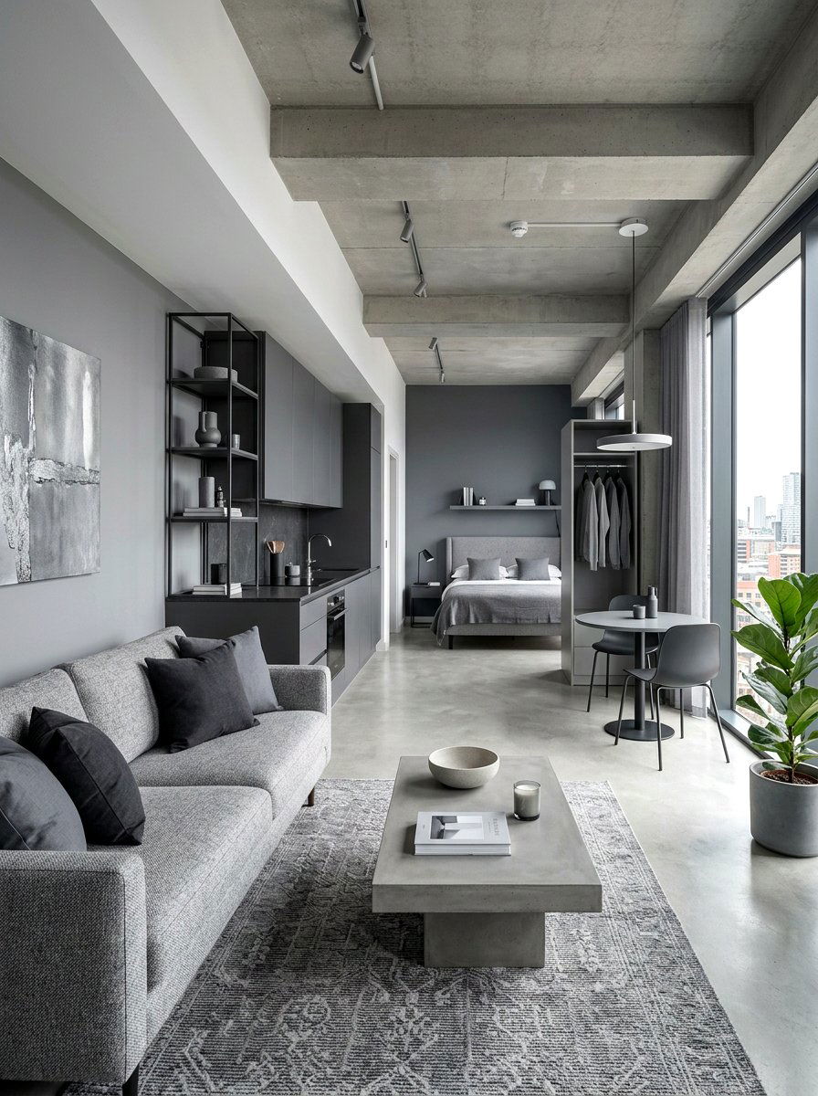 Monochromatic grey studio apartment - 30 studio apartment vibe ideas