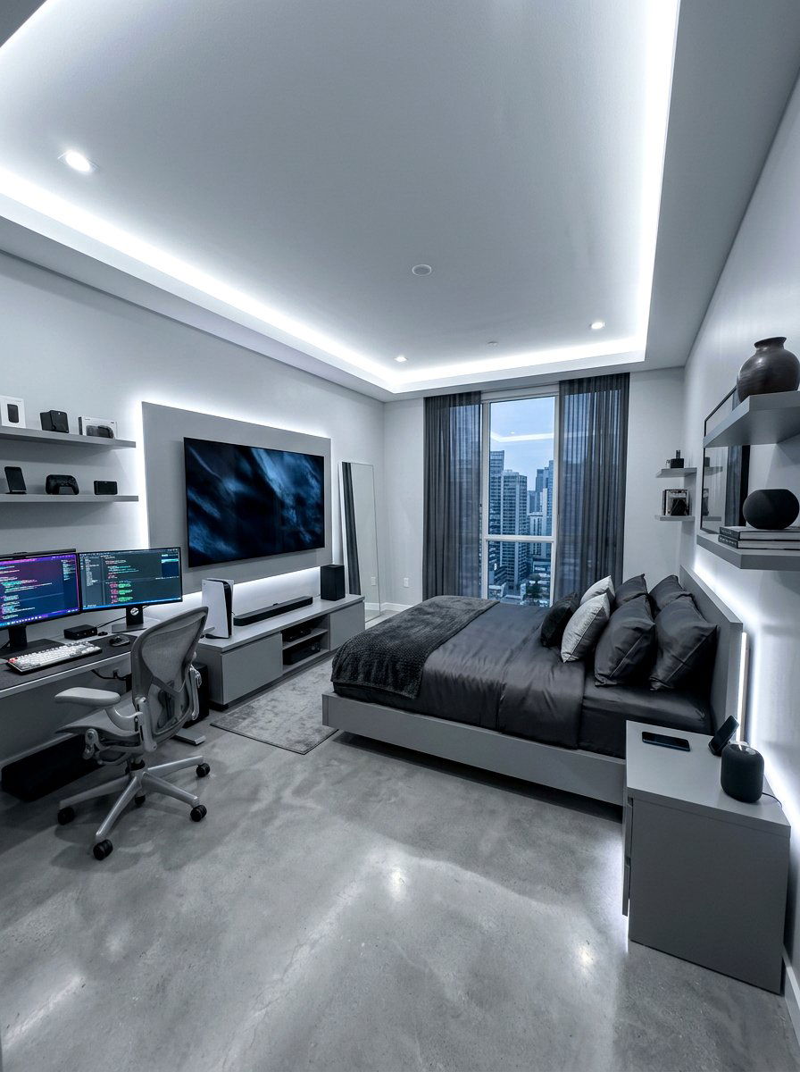 Monochromatic grey tech bedroom style - 30 futuristic glam bedroom ideas