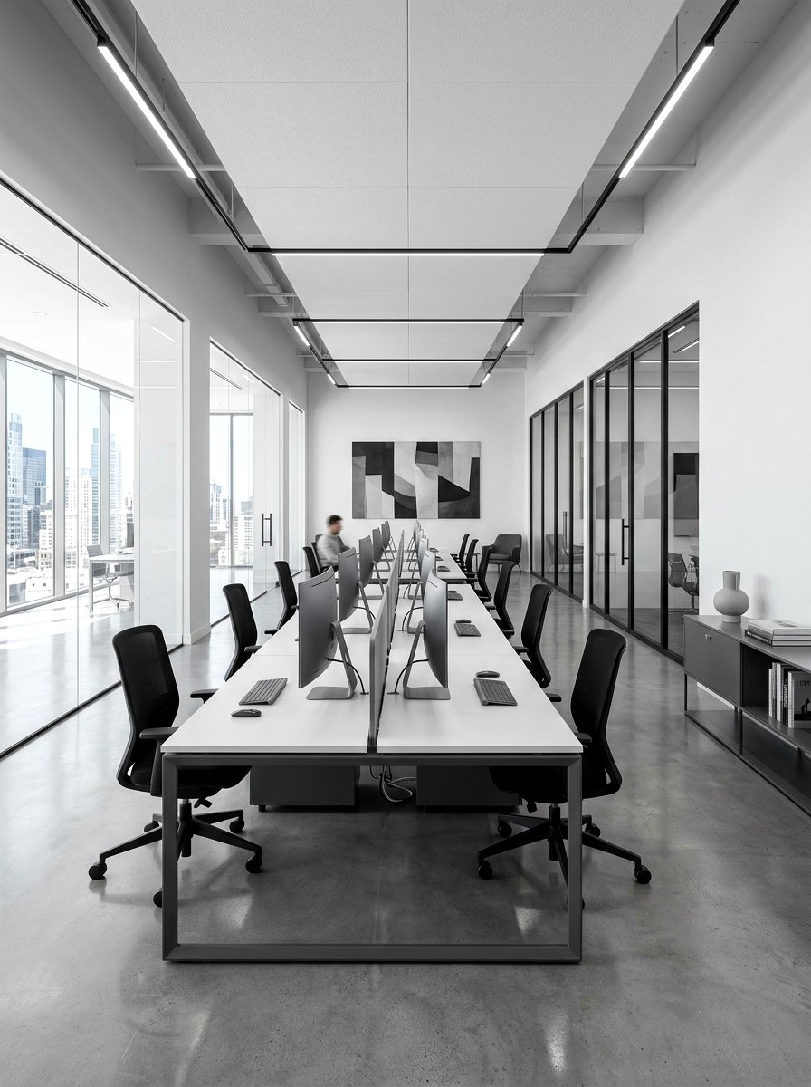 Monochromatic sleek office layout - 30 editorial office ideas