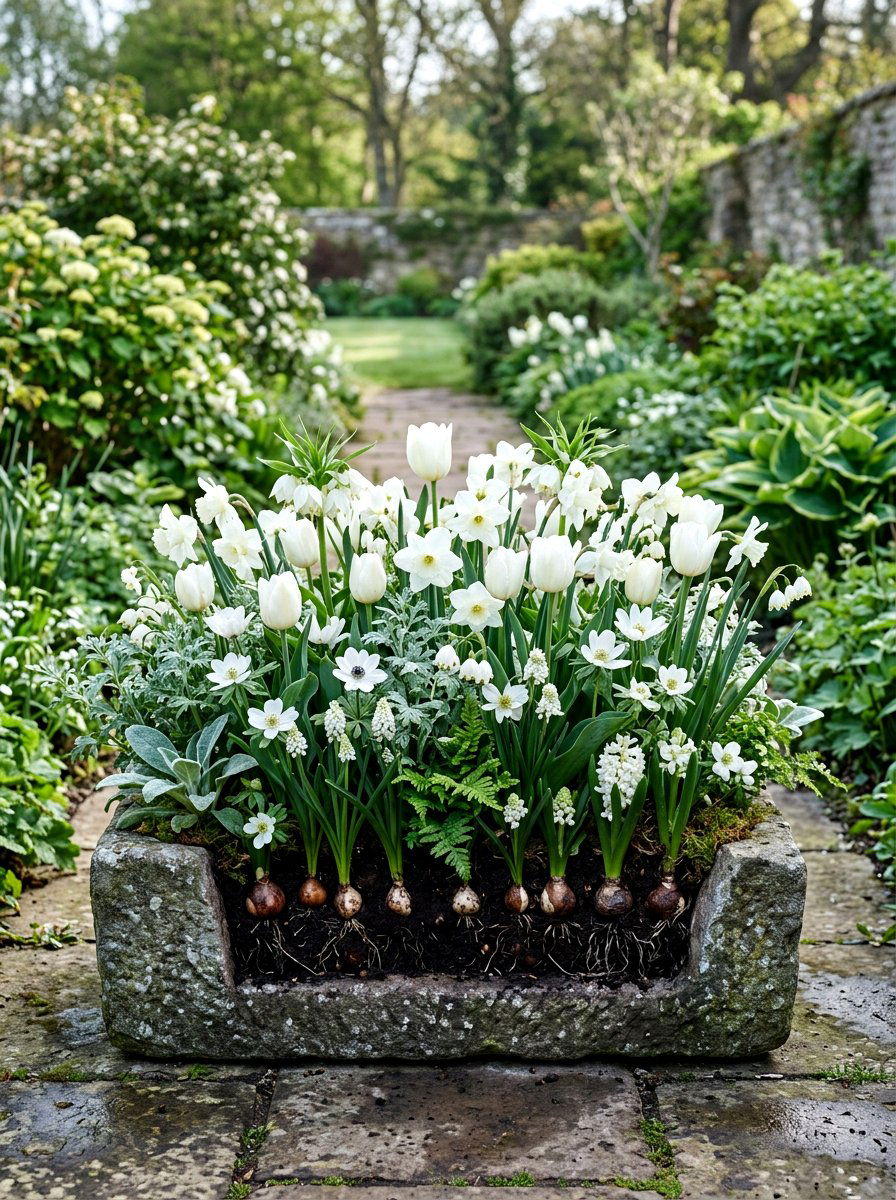 Monochromatic white bulb arrangement - 30 bulb layer planting ideas
