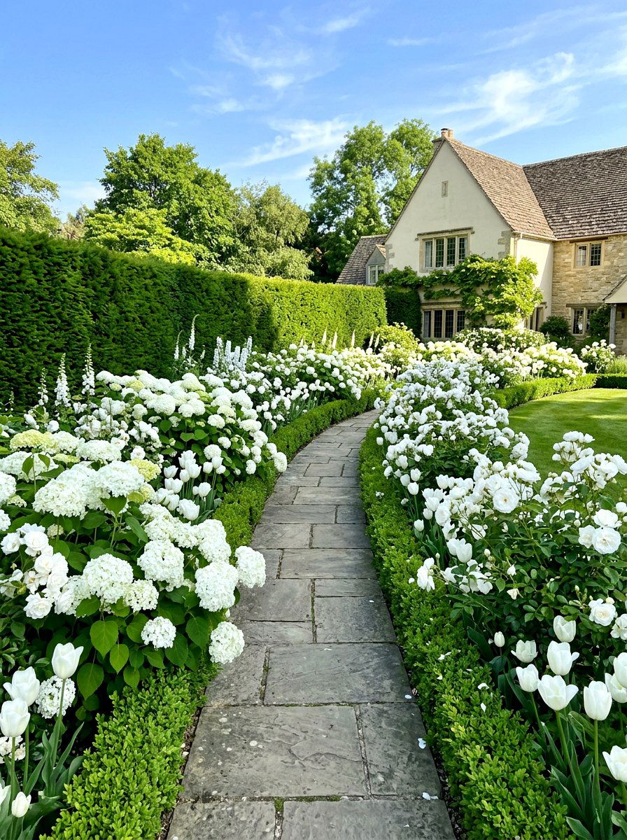 Monochromatic white garden theme - 30 quiet luxury curb appeal ideas