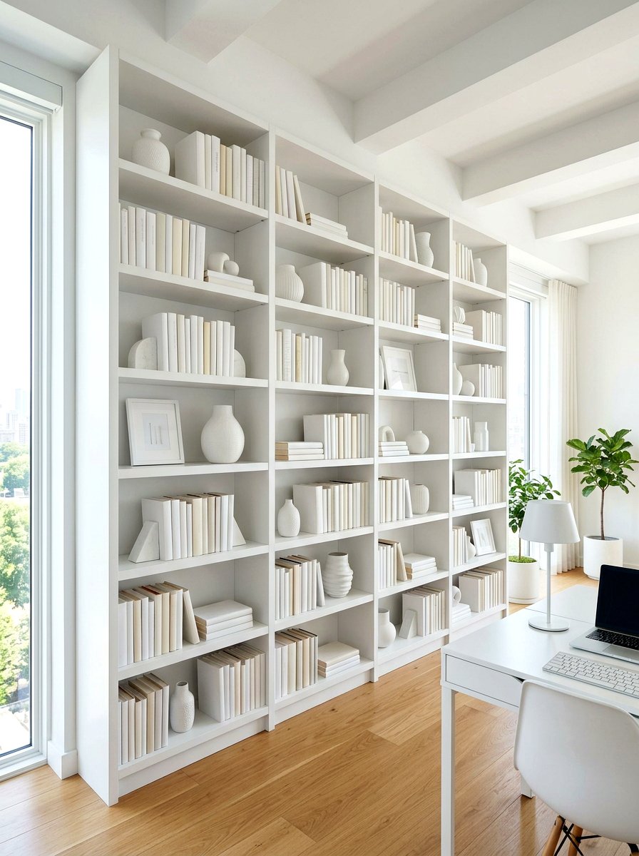 Monochromatic white office shelves - 30 office bookshelf styling ideas