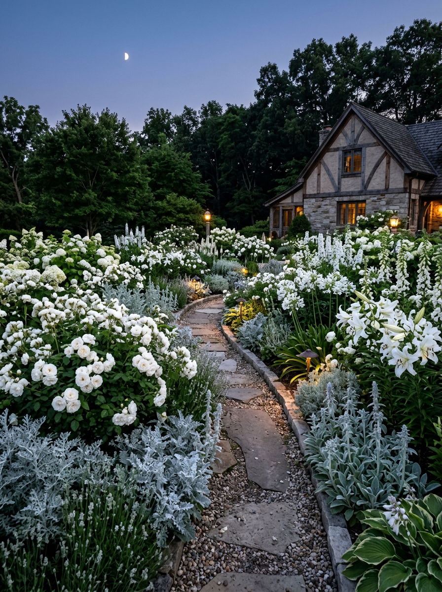 Monochromatic white perennial garden - 30 perennial flower bed ideas