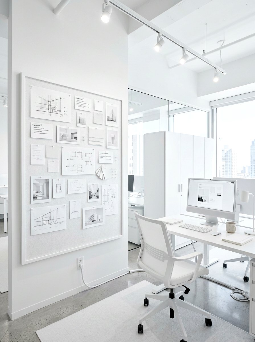Monochromatic white pinboard office - 30 pinboard office aesthetic ideas