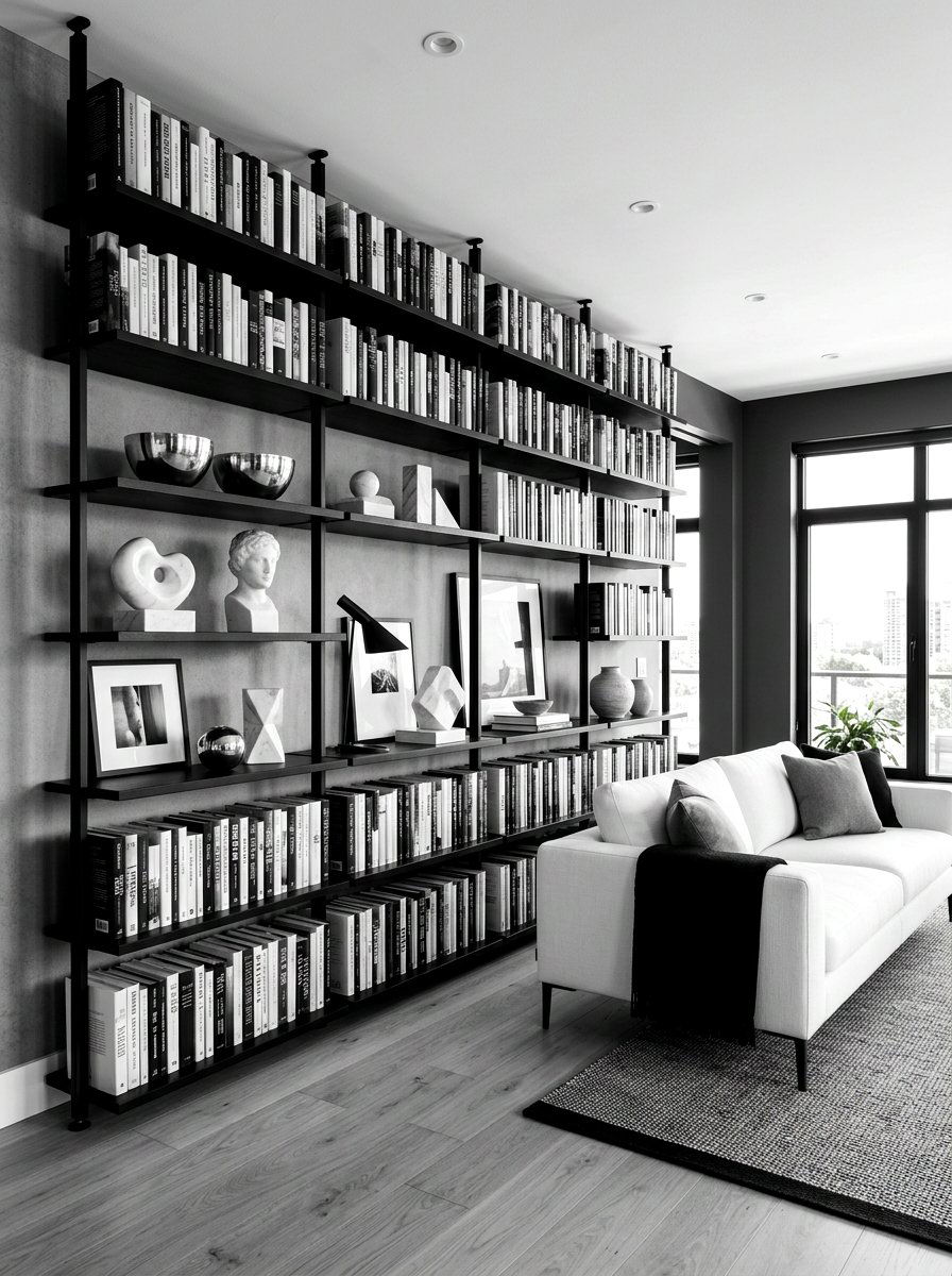 Monochrome Black And White Bookshelf - 30 bookshelf styling ideas
