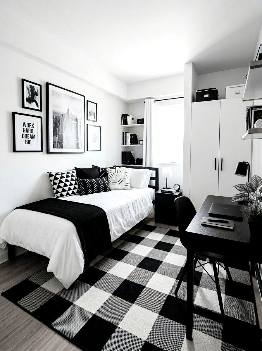 Monochrome Black and White Dorm - 30 college bedroom ideas