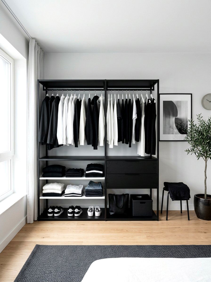 Monochrome Black and White Wardrobe - 30 open closet aesthetic ideas