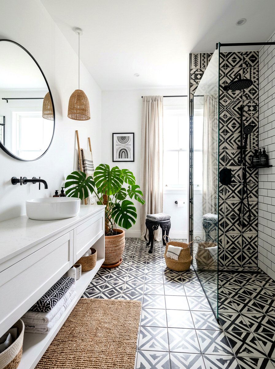 Monochrome Boho Bathroom - 30 boho bathroom ideas