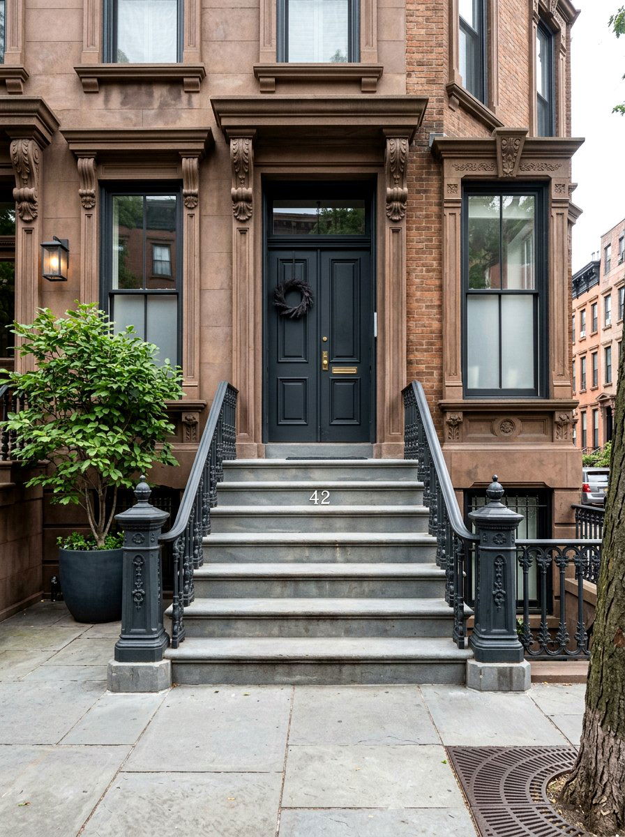 Monochrome Charcoal Stoop Look - 30 brownstone stoop ideas