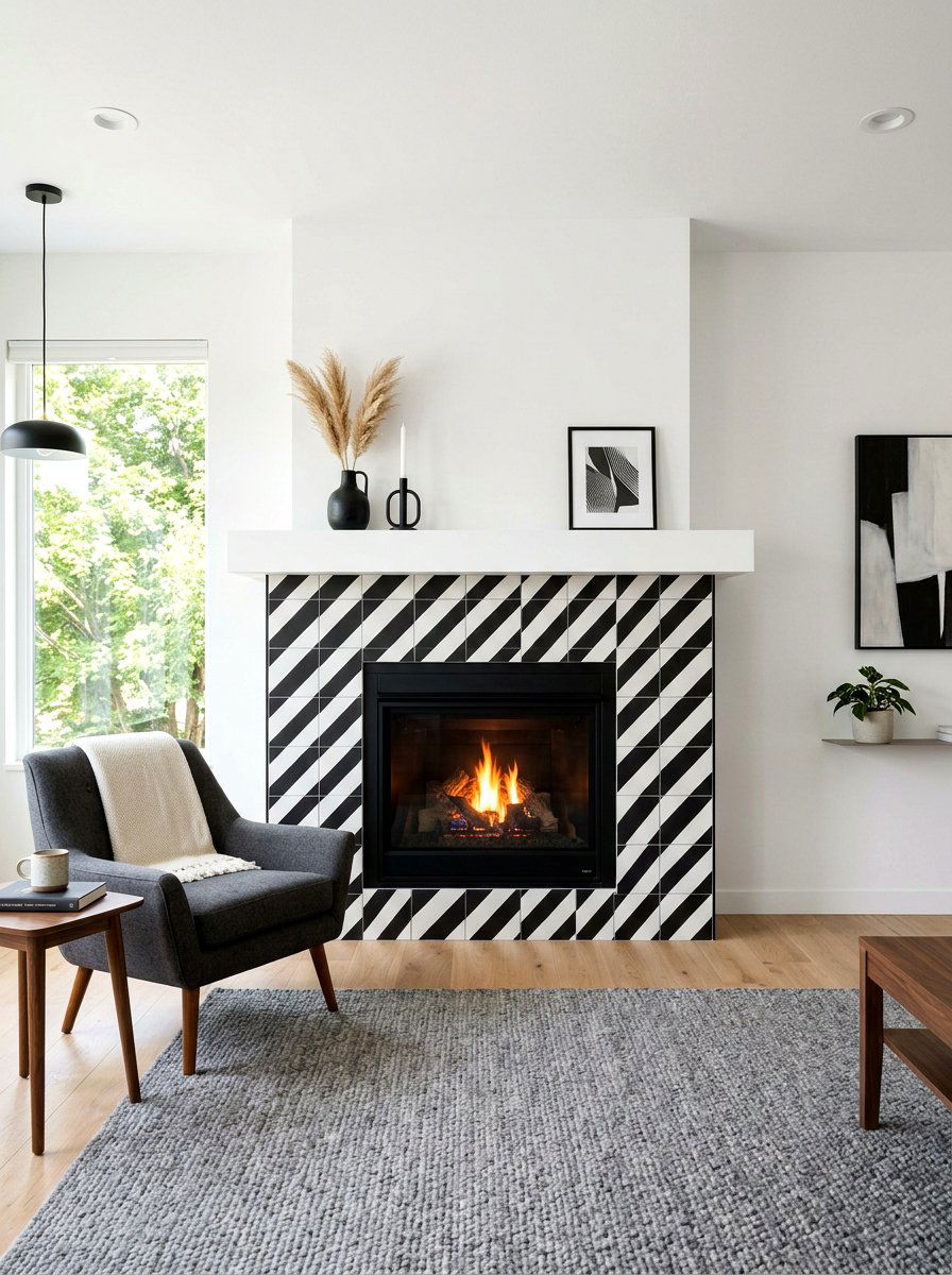Monochrome Circus Stripe Fireplace - 30 circus stripe living room ideas