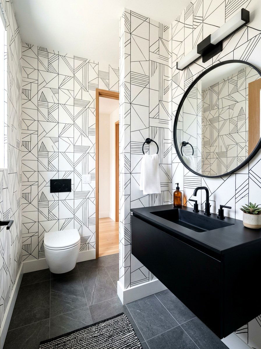 Monochrome Geometric Wallpaper - 30 wallpapered powder room ideas