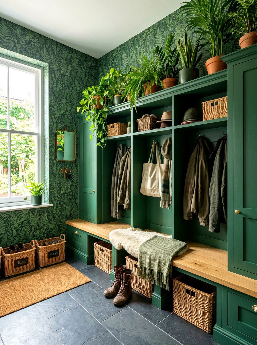 Monochrome Green Mudroom - 30 botanical drench room ideas