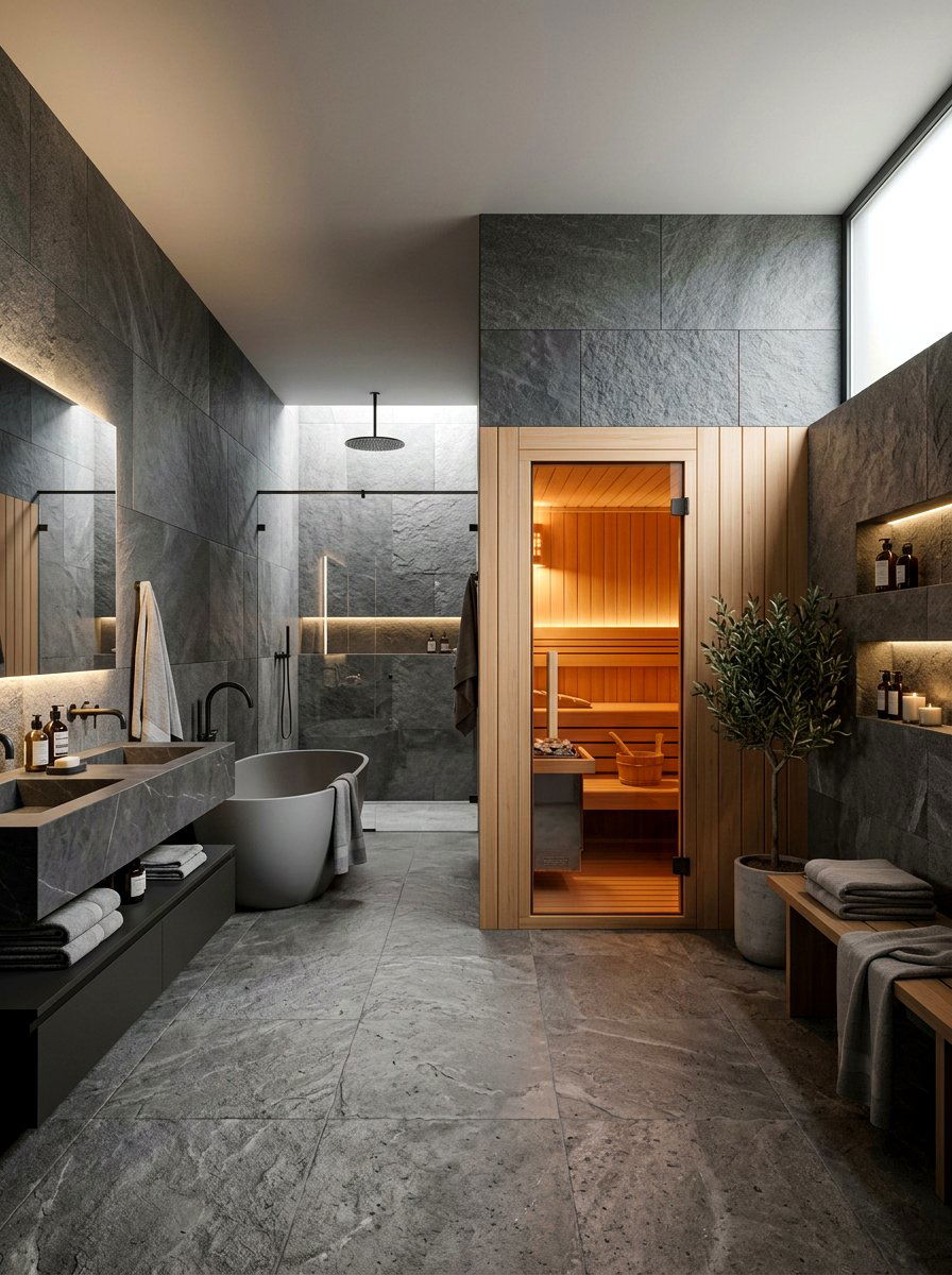Monochrome Grey Spa Bathroom - 30 sauna inspired bathroom ideas