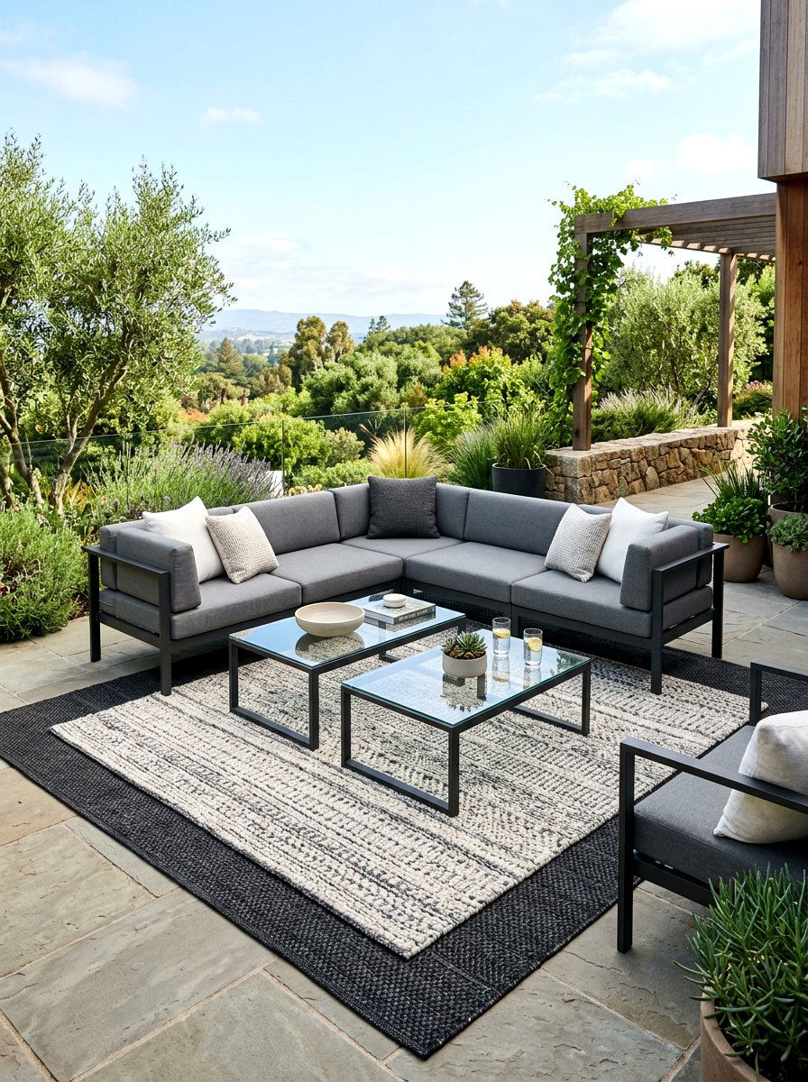 Monochrome Layering On Modern Patio - 30 layered outdoor rug ideas