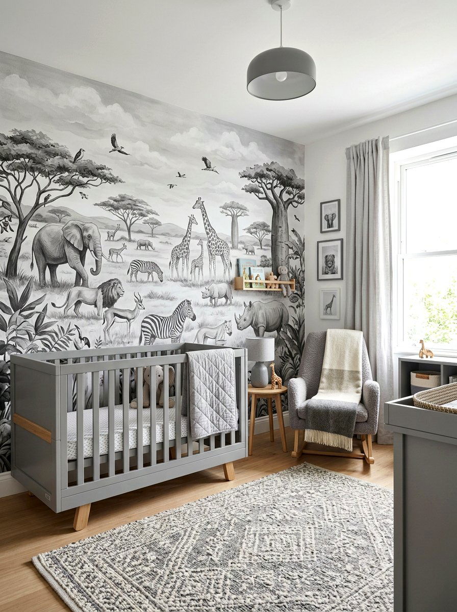 Monochrome Safari Wall Mural - 30 safari wall mural nursery ideas