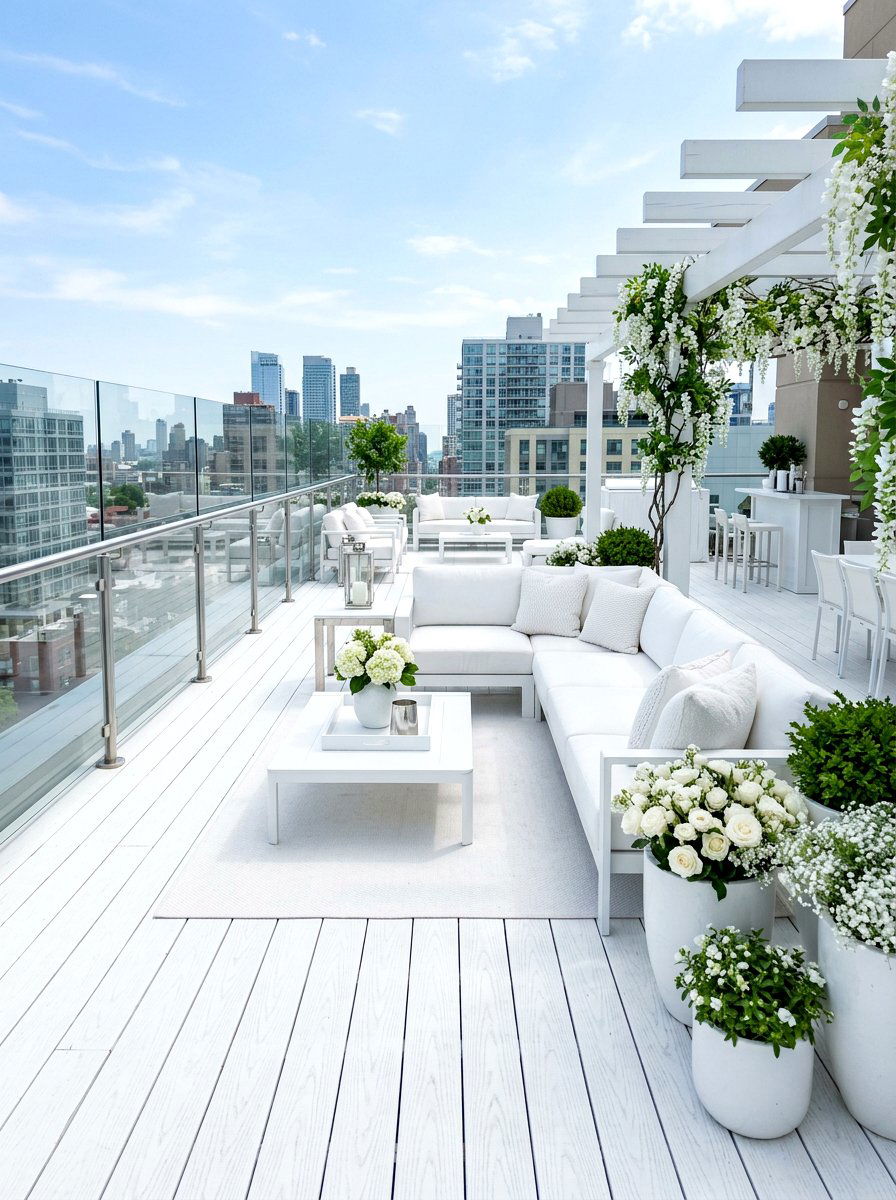 Monochrome White Rooftop - 30 rooftop patio lounge ideas aesthetic