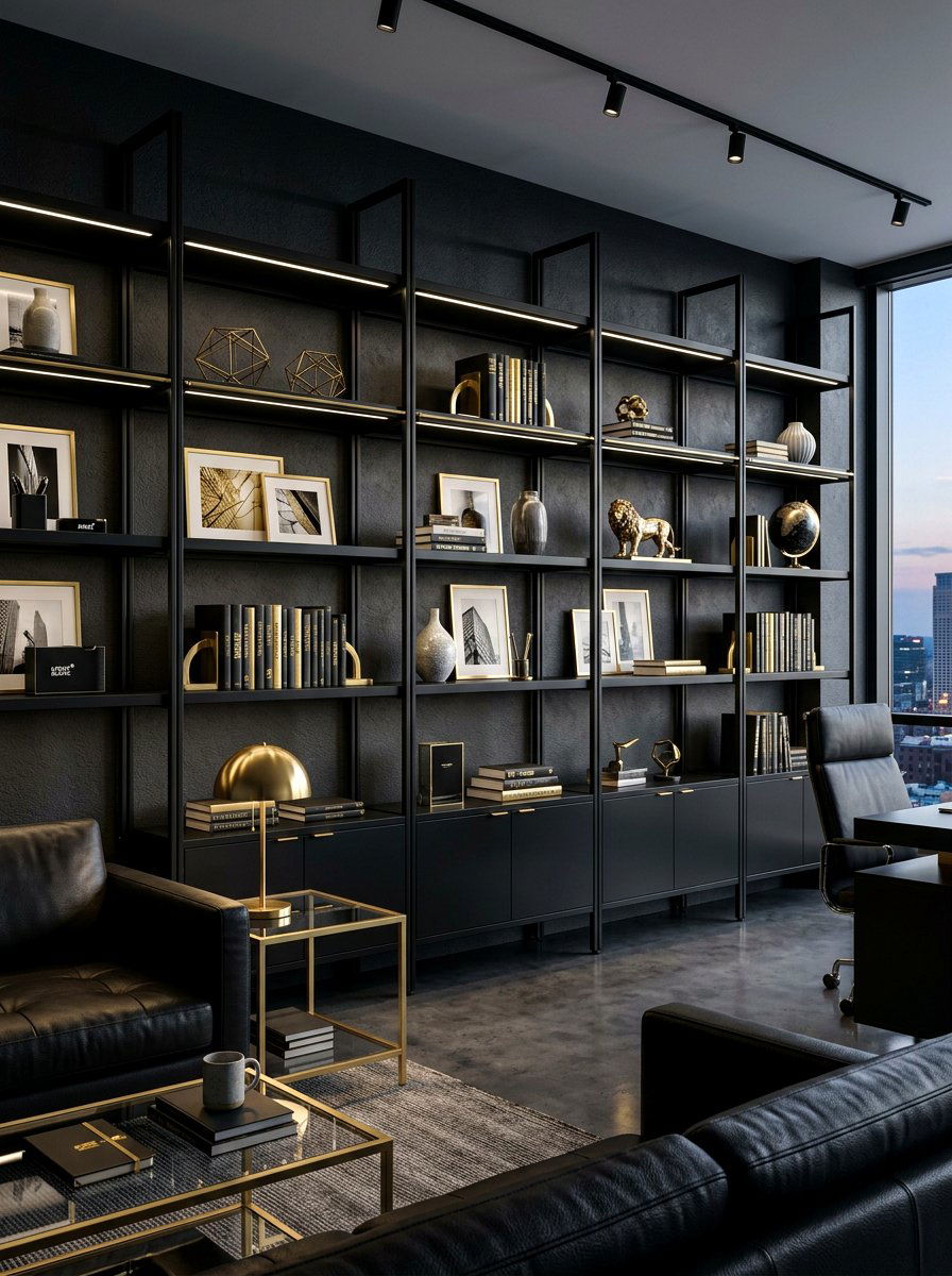 Monochrome black office shelves - 30 home office shelf ideas