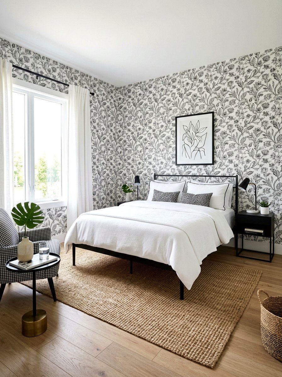Monochrome botanical guest room - 30 garden print wallpaper ideas