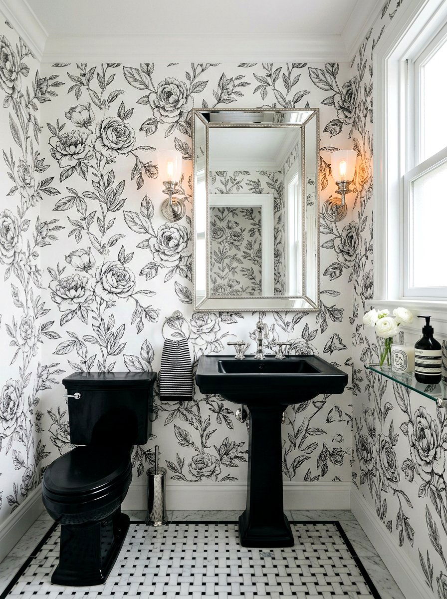 Monochrome flower wallpaper - 30 floral wallpaper powder room ideas