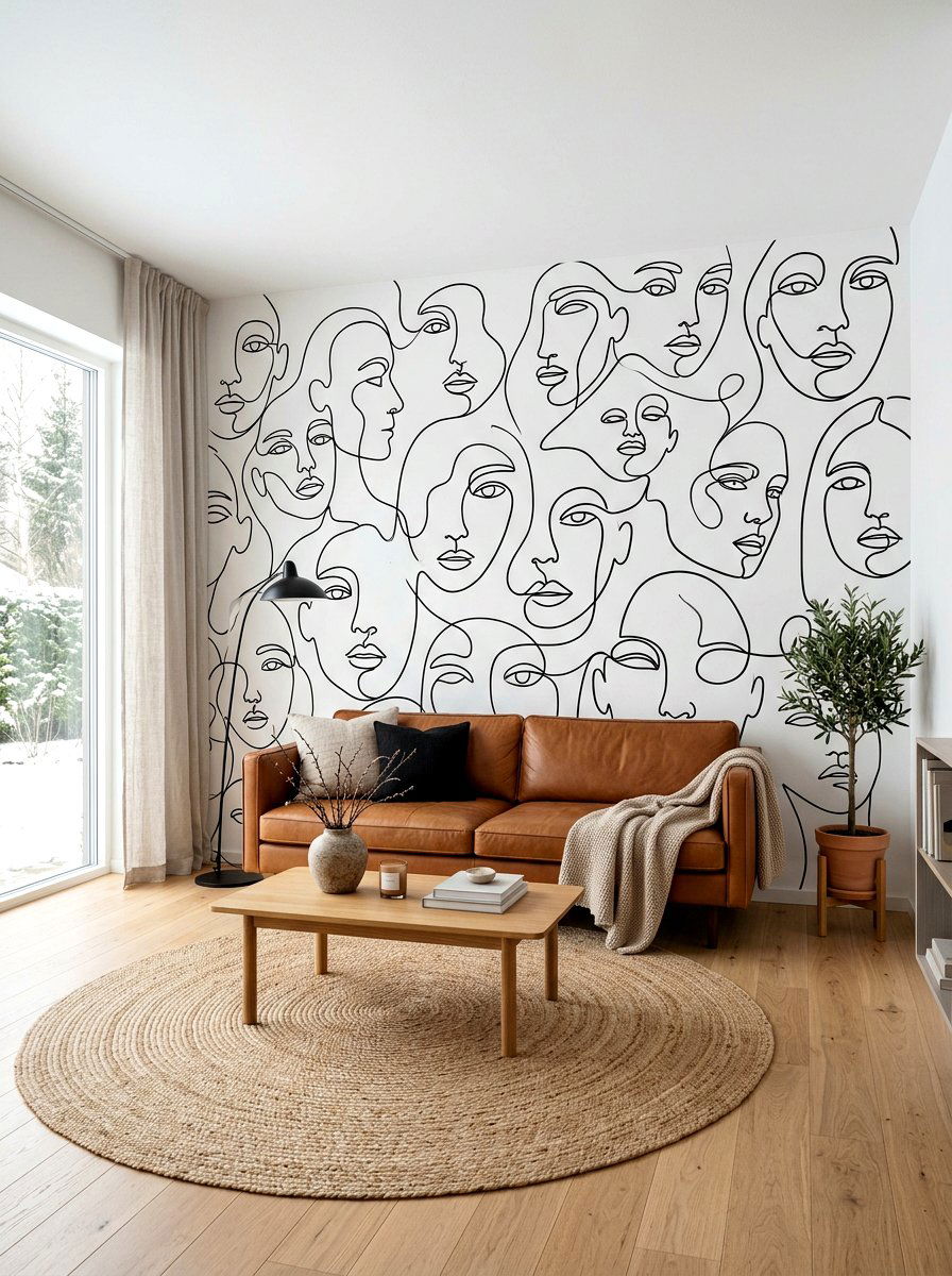 Monochrome line art wall mural - 30 mural wall ideas