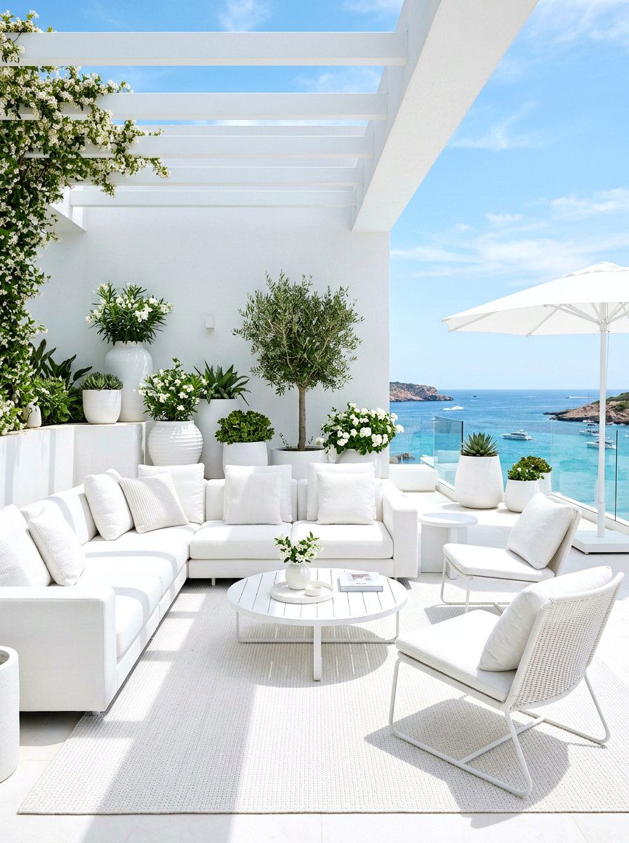 Monochrome outdoor lounge - 30 terrace lounge ideas aesthetic