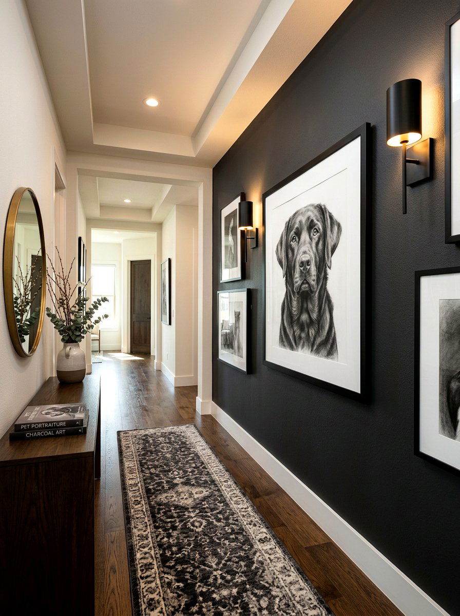 Monochrome pet charcoal drawing - 30 pet portrait wall ideas