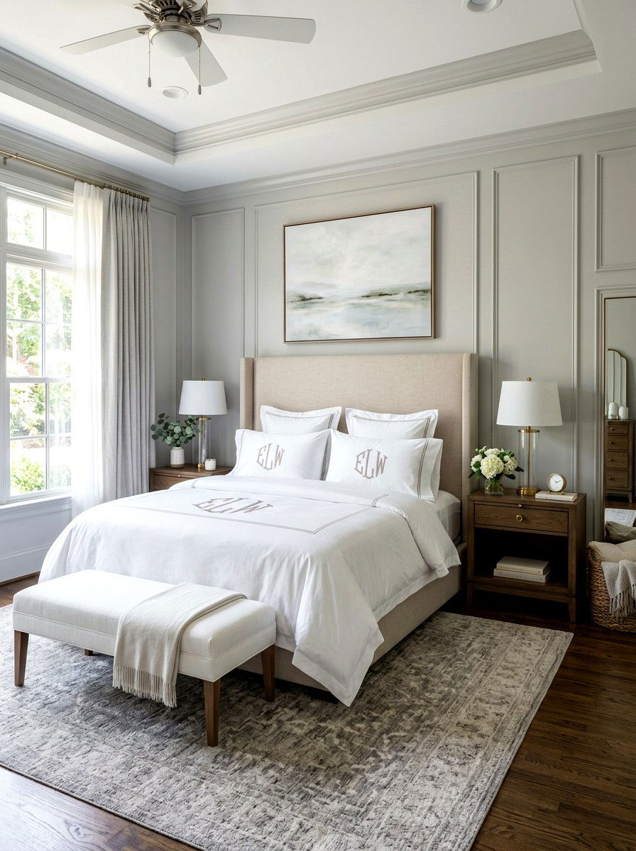 Monogrammed Bedding - 30 old money apartment decor ideas