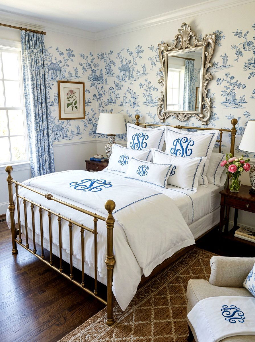 Monogrammed Bedroom Linen Set - 30 grandmillennial bedroom ideas